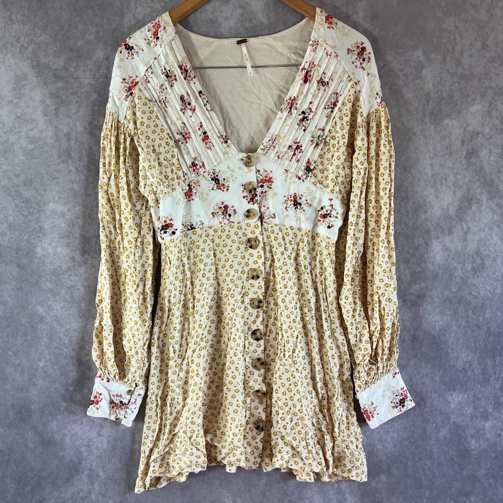 Free People Mix‎ Print Mini Dress Women Medium Yellow Floral Boho Pintuck V-Neck